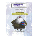 IndigeBlu 'Cheery Santa' Quinceessentialy English Rubber Stamp featuring a whimsical illustration of Santa in a green coat holding a blue gift box, with the text 'Be naughty, save santa the trip.' on a distressed light background.