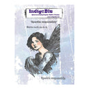 IndigoBlu Quinctessentially English Rubber Stamps packaging card featuring an illustration of a fairy with dark wings and the text 'Sparkle responsibly' and 'Fairies made me do it.'.