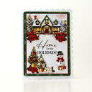 A scalloped holiday greeting card featuring a snowy cottage, poinsettias, a decorated Christmas tree, a snowman, and the text 'Home for the HOLIDAYS!' on a white background.