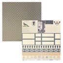 A double-sided scrapbook paper sheet set by Paperchute, featuring one side with a brown and beige polka dot pattern and the other with vintage-style writing paper, stamps, and postcard designs.