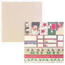 A sheet of scrapbook paper with a red and beige polka dot pattern shown next to a coordinating holiday-themed paper collage page featuring Santa Claus, Christmas stars, frames, and seasonal text.