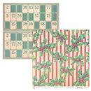 Two square holiday-themed paper sheets shown on a white background. The left sheet features a grid of numbered boxes in green and cream, and the right sheet shows a red-and-cream striped background with green holly leaves and red berries.