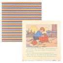 A printed paper craft or scrapbook sheet featuring a multicolor striped pattern on the left and a vintage-style illustration on the right showing a boy carving a jack-o'-lantern, with text below. The sheet is displayed on a clean white background.