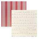 A printed alphabet and numbering chart shown on a white background, with a red, black, and cream striped paper sheet behind it. The chart includes uppercase and lowercase letters, numbers, and instructional text.