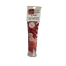 A clear plastic tube package of Bazzill Buttons monochromatic buttons, containing red buttons of various sizes, on a white background.