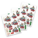 Three overlapping sheets of Christmas-themed craft stickers featuring vintage steam locomotives with wreaths and festive labels on a white background.