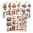 Three sheets of Christmas-themed sticker designs displayed on a white background, featuring nutcrackers, vintage trains, lanterns, wreaths, stockings, and holiday text elements.