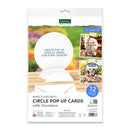 Kraft & Soda Circle Pop Up Cards with Envelopes in a white hanging retail package, showing a large white circular card base, small example photos of decorated displays, and text indicating 12 card and envelope sets.