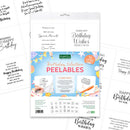 Kateryna Sue Birthday Selection Peelables sheet pack, featuring a central white package surrounded by sample handwritten and printed birthday card designs on a white background.