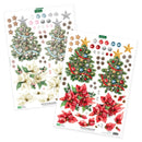 Two Christmas-themed die-cut sticker sheets from the brand Scapio, featuring decorated pine trees, red poinsettias, white flowers, stars, and ornaments on a white background.