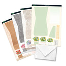 Set of paper crafting sheets with floral designs and an envelope on a white background
