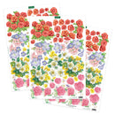 Three sheets of floral stickers fanned out on a white background, featuring watercolor-style roses and mixed flowers in red, pink, yellow, purple, and white with green leaves.