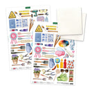 Set of die-cut embellishments with various tools and items on a white background