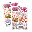 Two sheets of floral stickers with various colorful flowers on a white background.