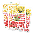 Three sheets of floral decoupage paper with yellow, pink, and red flowers on a white background.