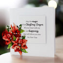 A white greeting card with a printed holiday message, decorated with a raised red poinsettia and green leaves on the left side, photographed on a softly blurred indoor background.