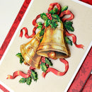 Decorative Christmas card with gold bells, red ribbons, and holly leaves on a beige background.