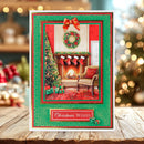 Christmas card with a decorated room, tree, and fireplace on a wooden surface with festive background.