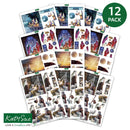 A 12-pack of Catholic Christmas sticker sheets by Katy Sue, featuring various illustrations from the Nativity and Christmas stories, with a green '12 PACK' badge and the Katy Sue logo.
