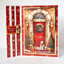Christmas-themed greeting card with a red door, wreath, and decorative elements on a white background.