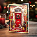 Christmas-themed greeting card with a red door, wreath, and dog on a wooden surface with a candle and decorations.
