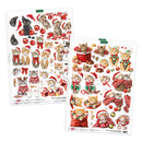 Two sheets of Christmas-themed cat stickers from the brand Petti & Co, featuring illustrated tabby cats in festive red and green holiday attire, Santa hats, gifts, and ornaments on a white background.