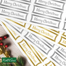 Sheet of 'Merry Christmas' labels with gold and silver text, featuring Katy Sue branding.