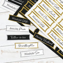 Collection of decorative name tags with phrases like 'Wonderful Wife' and 'Amazing Mum' on a white background.