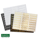 Set of 'Happy Birthday' labels in gold and black on a white background, with Katy Sue branding.