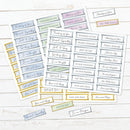 A set of printed sympathy and greeting sticker sheets arranged on a whitewashed wood background. The stickers are mostly light blue, gray, and lavender with gold borders and text such as 'Thinking of You,' 'Get Well Soon,' 'Love and Hang,' 'Just to Say,' and 'In my thoughts.