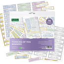 Kate and Sofie Thinking of You Banners sticker pack, featuring 96 foiled and die-cut labels with various sympathy and thoughtfulness phrases in pastel colors with gold borders.
