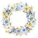 A decorative floral wreath made of watercolor-style flowers in light blue, pale yellow, cream, and touches of green and gold, arranged in a circular shape on a plain white background.