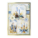 Decorative Christmas card with Santa Claus, candles, and winter elements on a white background.