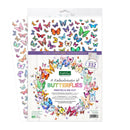 A package of Kate and Sue Butterfly Kaleidoscope printed and die-cut stickers, showing a white backing sheet filled with colorful butterfly stickers and a second sheet fanned out behind it on a white background.