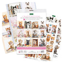 A craft kit package labeled 'Crafty Kittens Die Cut Topper & Decoupage Collection' surrounded by sample sheets and cards featuring illustrated kittens in home and play scenes.