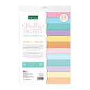 Kitty Sue Pretty Pastels Printed Cardstock pack containing 24 sheets of 12 different pastel patterned cardstock designs, shown in its retail packaging with a clear window displaying the colorful sheets.