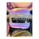 Multicolored yarn skein with 'Curiosity' label on a white background