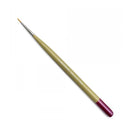 A fine detail paint brush with a metallic gold handle, a silver ferrule, a fine orange bristle tip, and a dark purple end cap, shown diagonally on a plain white background.