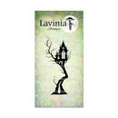 A vertical product card for Lavinia Stamps featuring a black silhouette of a spooky haunted tree with a tower under a full moon, set against a mottled pastel green and cream background with the Lavinia Stamps logo at the top.