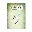 Lavinia Stamps brand card featuring a textured pastel background with two black branch-and-moon stamp designs and repeated website text.