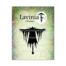 A rectangular card or print featuring the brand name 'Lavinia Stamps' with a circular logo and a black silhouette of a winged figure, set against a mottled pastel background with green, yellow, and lavender tones.