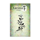 Lavinia Stamps brand packaging card featuring a black floral vine stamp design over a textured pastel green and blue background, with the Lavinia Stamps logo at the top.