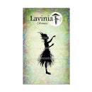 Lavinia Stamps brand packaging card featuring a black silhouette of a dancing figure with roots or hair, set against a textured pastel green, yellow, and blue background with the brand name Lavinia Stamps at the top.