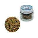A small clear jar of glitter with a white lid labeled 'Glitter StarBrights Autumn Spice Lavinia Scapes' shown beside a circular close-up of the glitter mix. The glitter contains orange, green, yellow, and dark brown flecks.