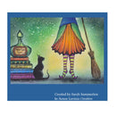 A square art print or book cover featuring a whimsical illustration of a witch-like figure from behind wearing a bright orange and green skirt, striped stockings, and purple shoes, standing beside a broomstick. A black cat sits next to a stack of books with a glass bottle labeled 'Witches Ears.