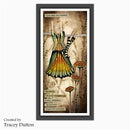 A framed vertical art print featuring a stylized dress hanging on a clothesline with floral and botanical elements, plus text panels. The print is shown in a dark frame against a light gray background, with 'Created by Tracey Dutton' text at lower left.