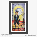 A framed vertical art print featuring a stylized Jack Skellington figure with a pumpkin head, standing in a spooky landscape under a full moon. The print is shown in a dark gray frame against a light gray background, with text at the bottom reading 'Created by Helen Burrell In-House Creative for Lavinia Stamps'.