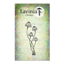 Lavinia Stamps mushroom design on a colorful background with brand name.
