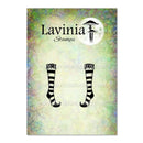 Lavinia Stamps logo card featuring two black-and-white striped sock illustrations on a mottled pastel green and yellow background, with the text 'Lavinia Stamps' and a mushroom moon logo.