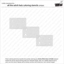 A product information sheet for 'all the witch hats coloring stencils (LF4202)' by Lawn Fawn. The sheet features a gray rectangular grid showing three stepped sections with simple witch hat silhouettes, surrounded by black text explaining how to use the coloring stencils, and the Lawn Fawn logo in the top right corner.